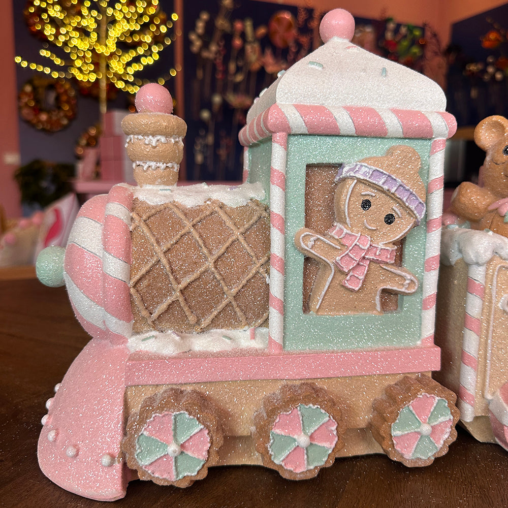 Viv! Christmas Kerstbeeld - XL Gingerbread Trein met Beertje - pastel roze - 62cm