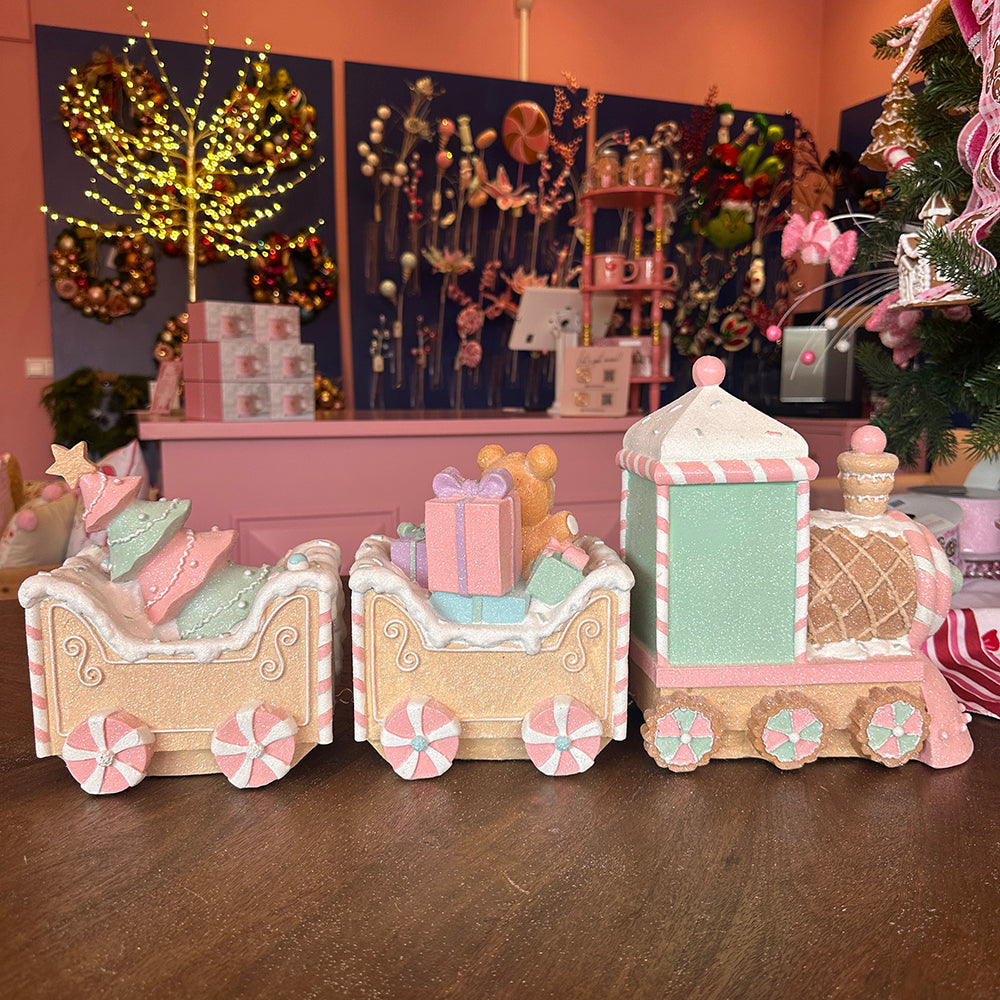 Viv! Christmas Kerstbeeld - XL Gingerbread Trein met Beertje - pastel roze - 62cm
