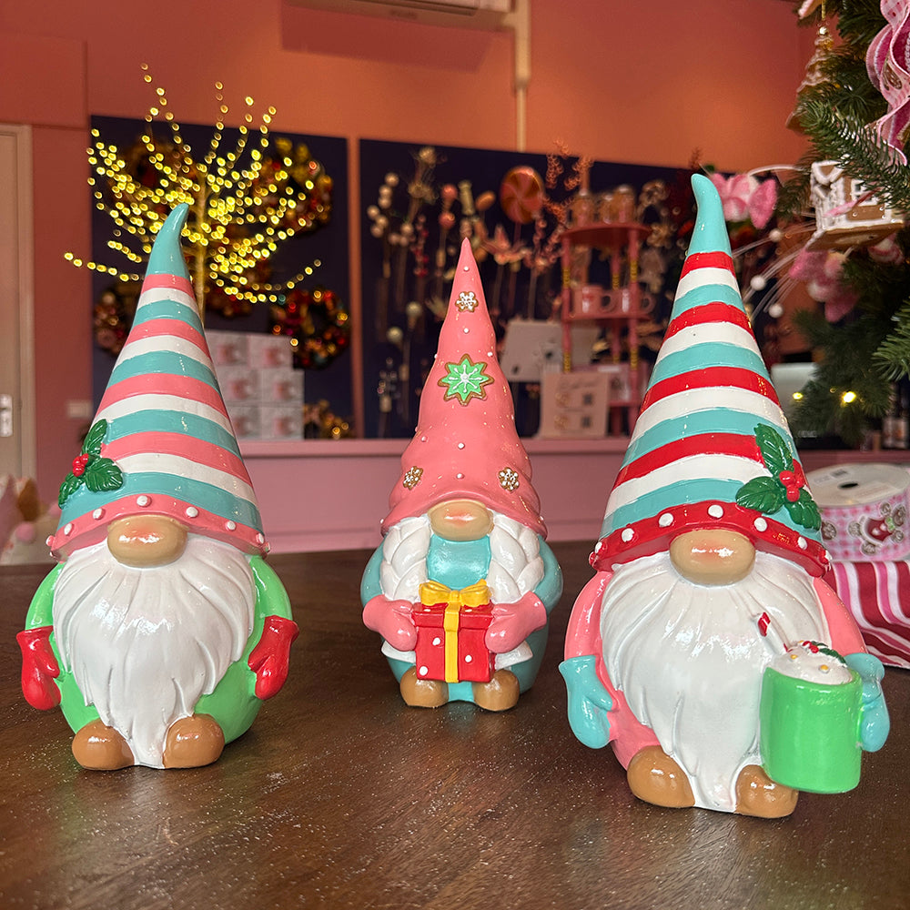 Viv! Christmas Tabletop Figure - Gnomes with Gift and Hot Chocolate - Set of 3 - Pastel - 26cm