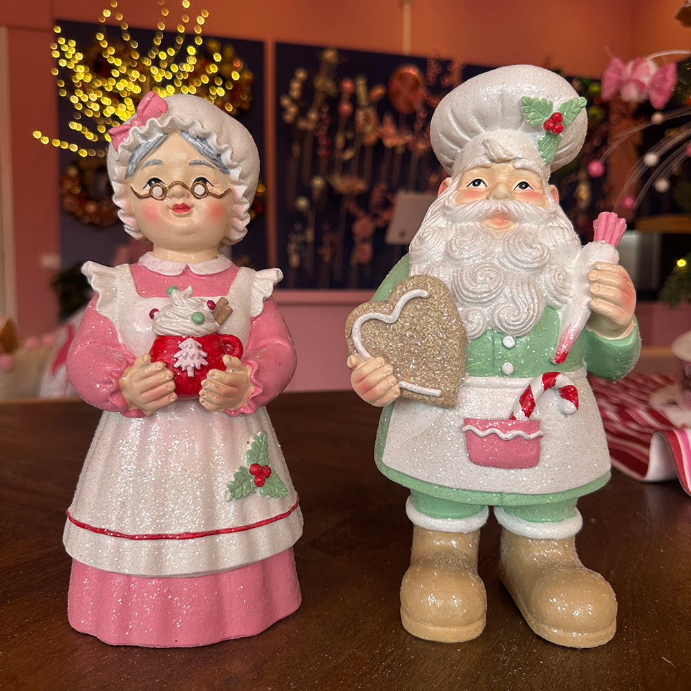 Viv! Christmas Kerstbeeld - Mr. & Mrs. Claus met Gingerbread Koekje - set van 2 - pastel - roze blauw - 25cm