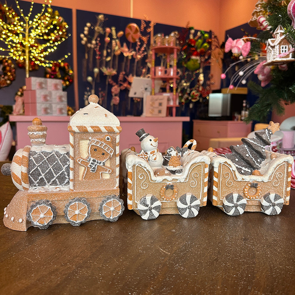 Viv! Christmas Kerstbeeld - Gingerbread Trein met Sneeuwpop - bruin wit zwart - 45x19cm
