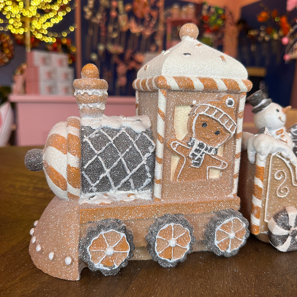 Viv! Christmas Kerstbeeld - Gingerbread Trein met Sneeuwpop - bruin wit zwart - 45x19cm