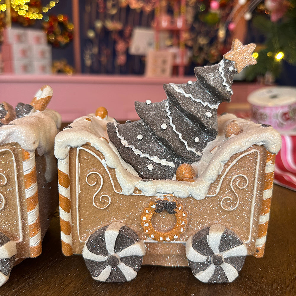 Viv! Christmas Kerstbeeld - Gingerbread Trein met Sneeuwpop - bruin wit zwart - 45x19cm