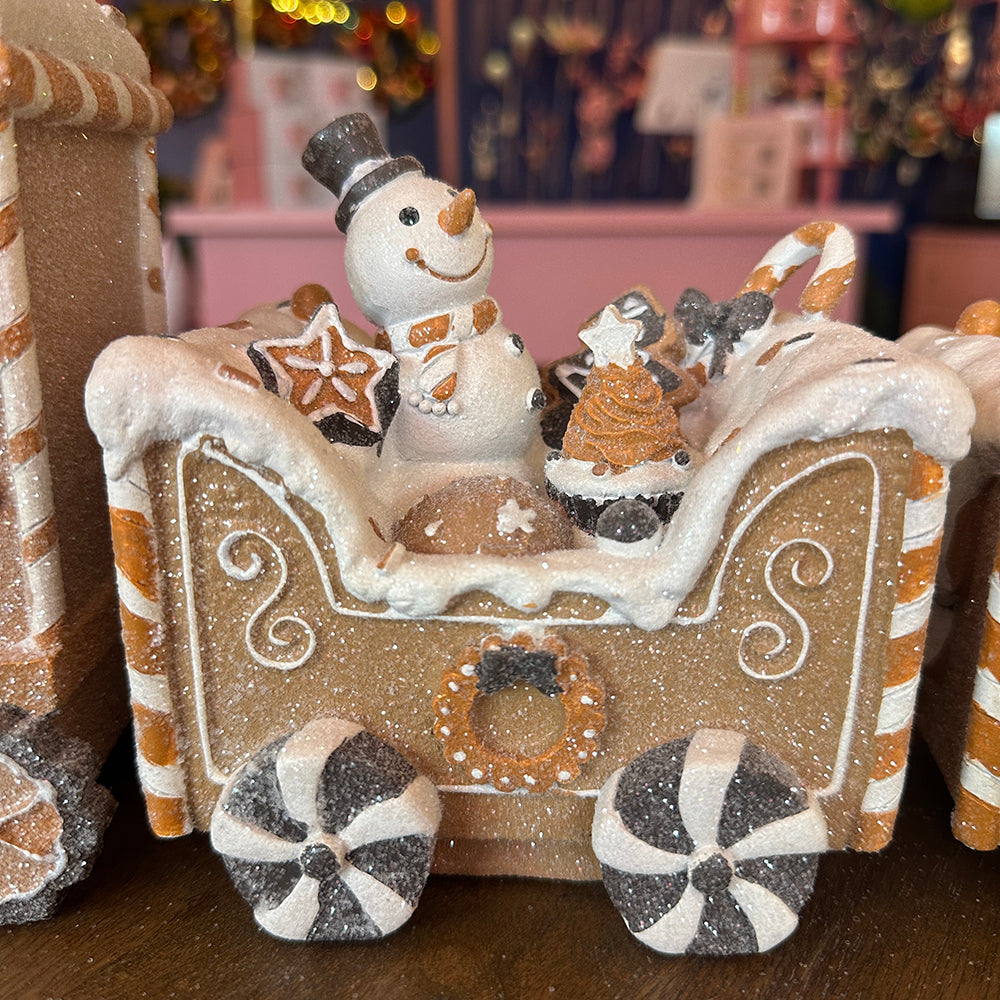 Viv! Christmas Kerstbeeld - Gingerbread Trein met Sneeuwpop - bruin wit zwart - 45x19cm