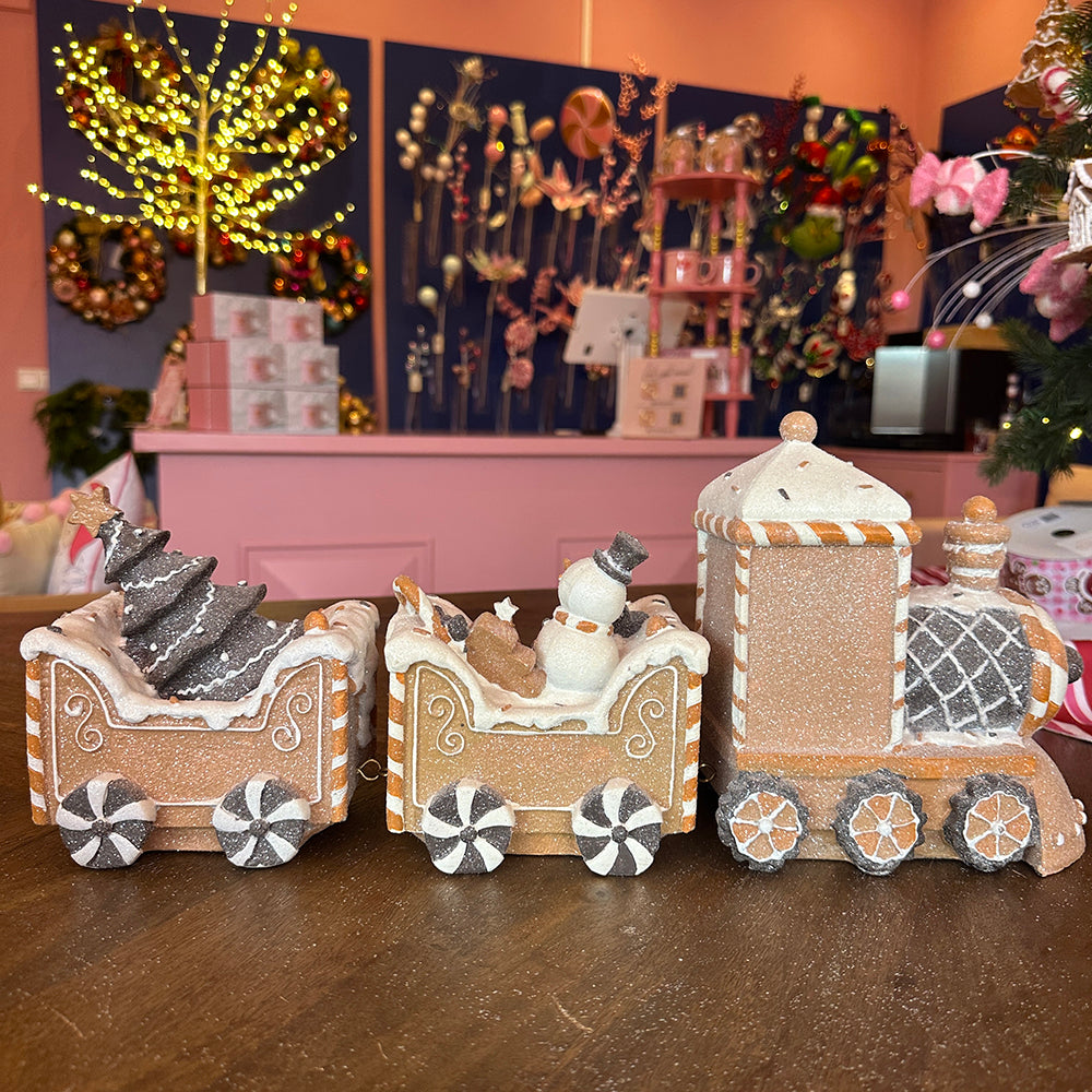 Viv! Christmas Kerstbeeld - Gingerbread Trein met Sneeuwpop - bruin wit zwart - 45x19cm