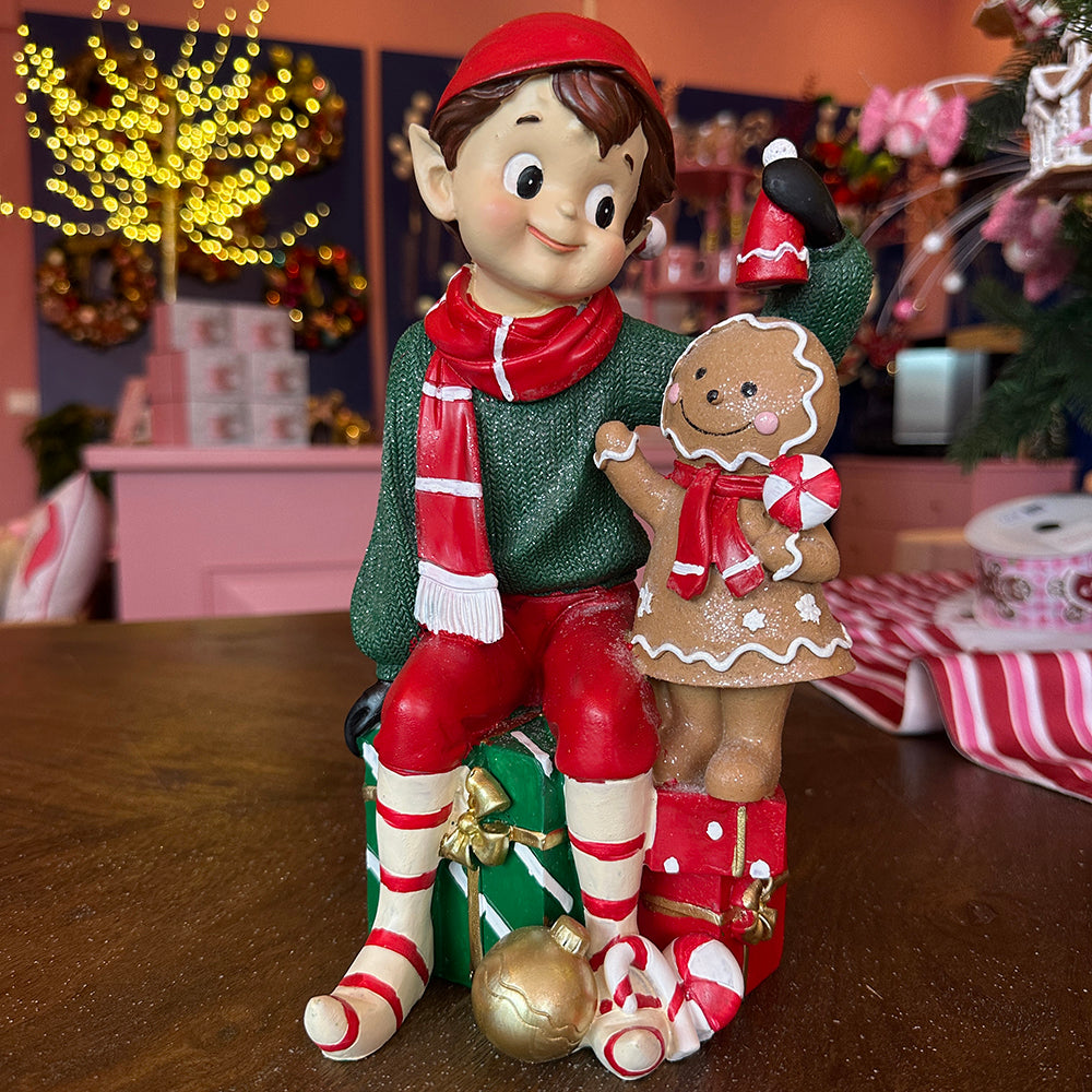 Viv! Christmas Kerstbeeld - Elf met Gingerbread Poppetje - groen rood - 27cm
