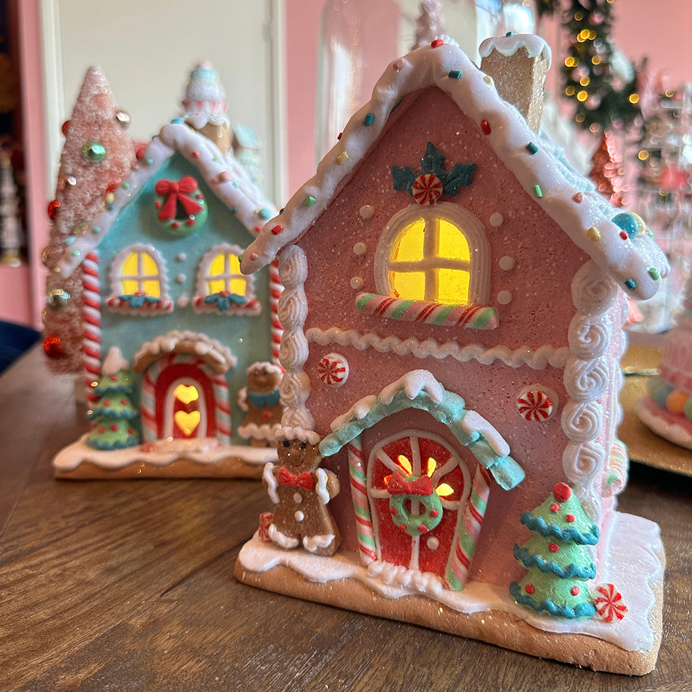 Viv! Christmas Kerstbeeld - Gingerbread Huis incl. LED Verlichting - pastel - roze - 22cm