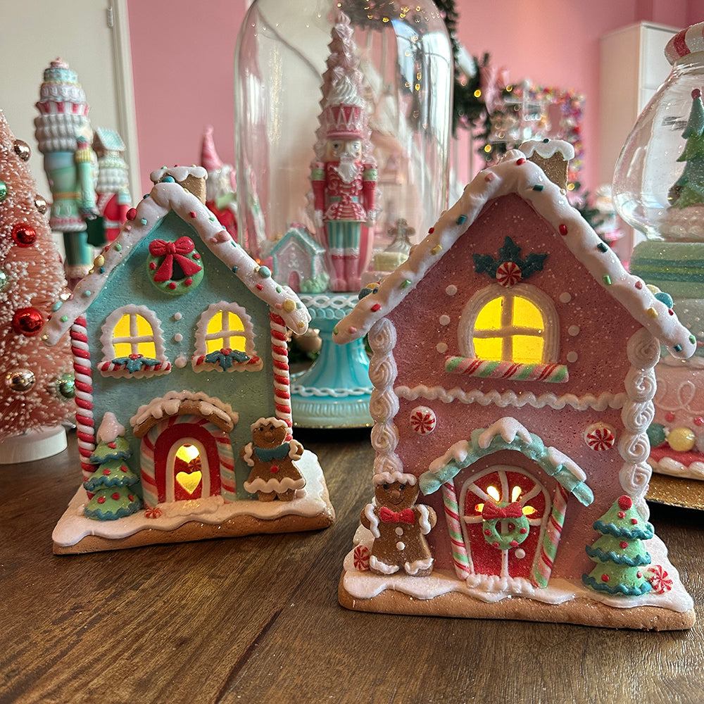 Viv! Christmas Kerstbeeld - Gingerbread Huis incl. LED Verlichting - pastel - roze - 22cm