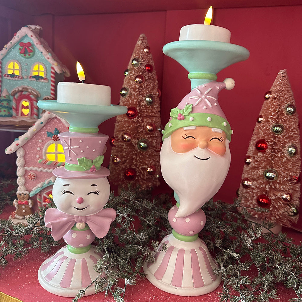 Viv! Christmas Kerst Tafeldecoratie - Kandelaar Kerstman - pastel - roze wit - 31cm