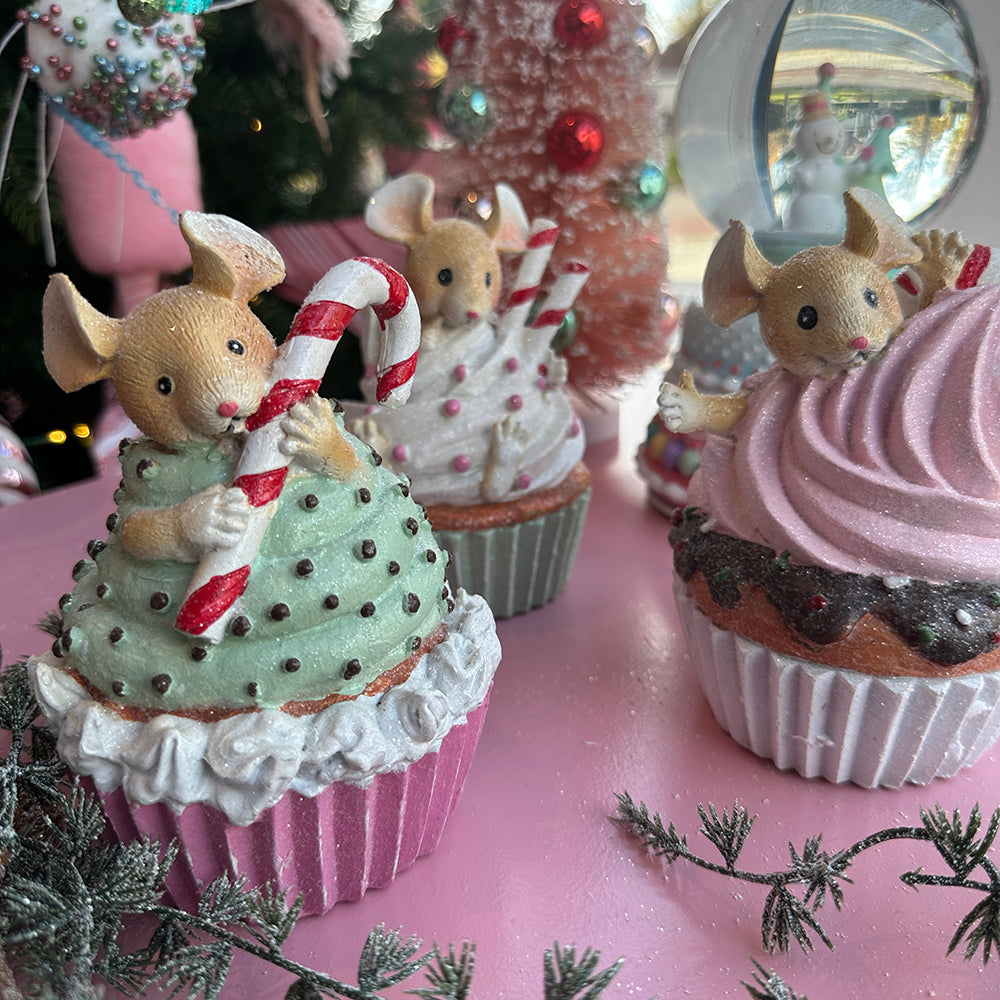 Viv! Christmas Kerstbeeld - Muisjes in Cupcakes - set van 3 - pastel - 15cm