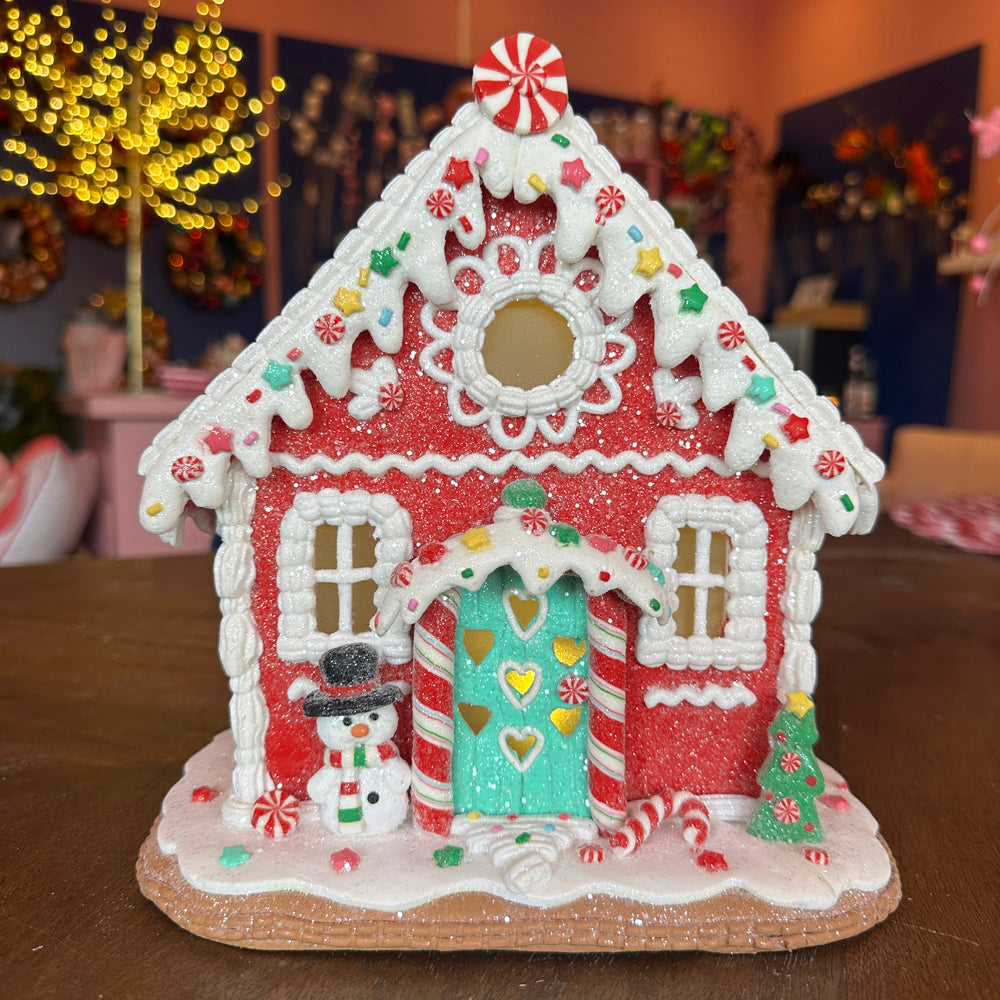 Viv! Christmas Kerstbeeld - Gingerbread Huis Sneeuwpop van Klei incl. LED Verlichting - rood wit - 22cm