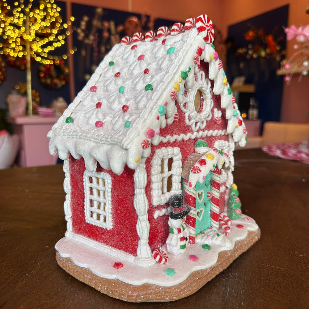 Viv! Christmas Kerstbeeld - Gingerbread Huis Sneeuwpop van Klei incl. LED Verlichting - rood wit - 22cm