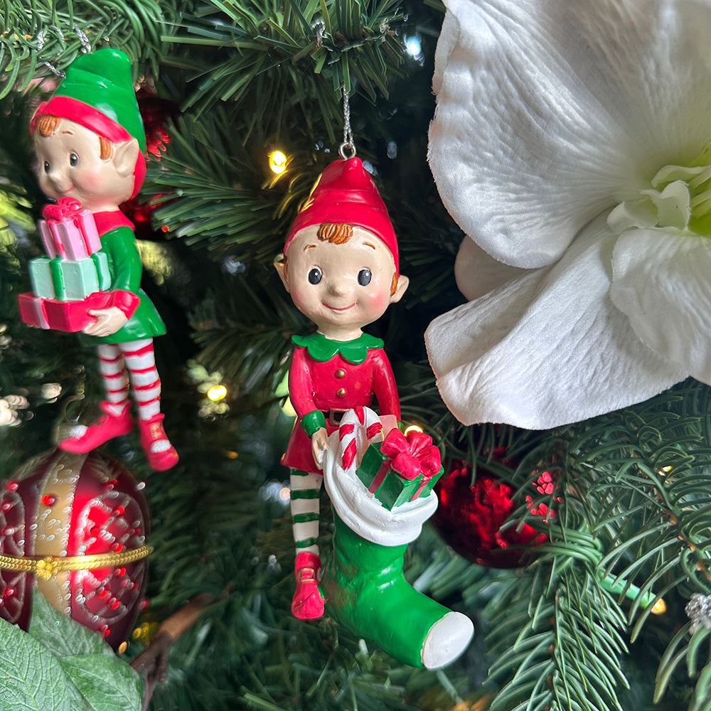 Viv! Christmas Ornament - Elves with Christmas Stocking and Presents - Set of 2 - Red White Green - 13cm