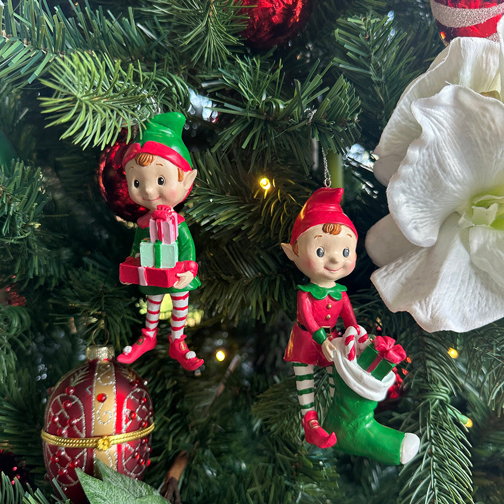 Viv! Christmas Ornament - Elves with Christmas Stocking and Presents - Set of 2 - Red White Green - 13cm