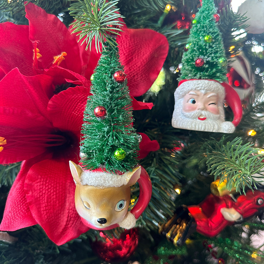 Viv! Christmas Ornament - Santa and Reindeer with Christmas Tree Hat - set of 2 - red green white - 14cm