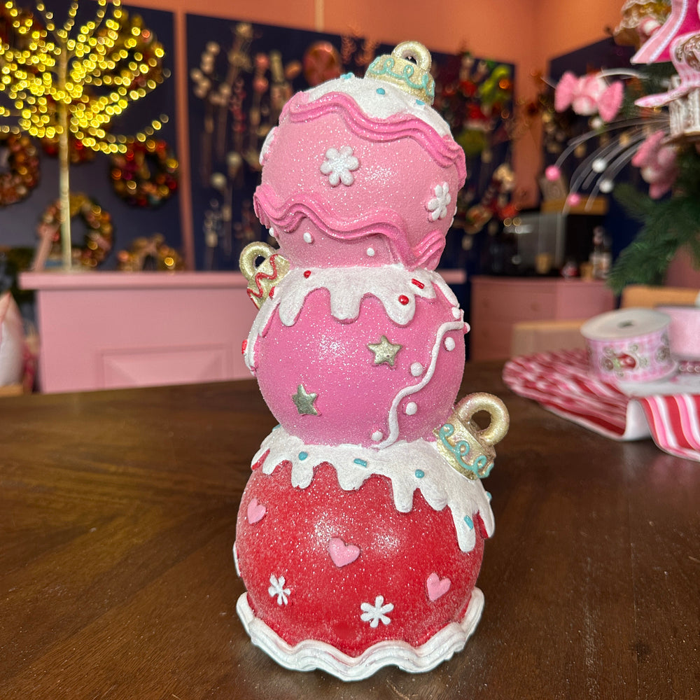 Viv! Christmas Kerstbeeld - Stapel van Drie Snoepgoed Kerstballen - rood roze - 28cm