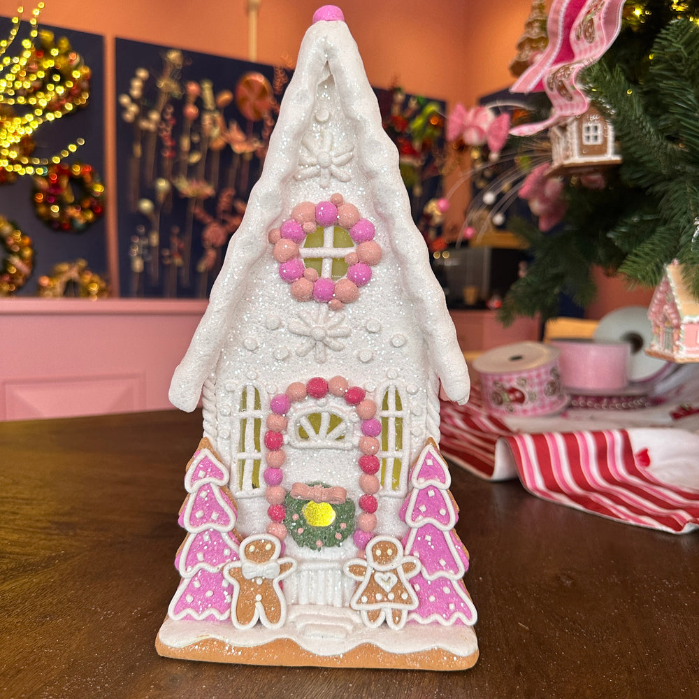 Viv! Christmas Kerstbeeld - Smal Gingerbread Huis van Klei met Roze Snoepdecoratie incl. LED Verlichting - roze wit - 30cm