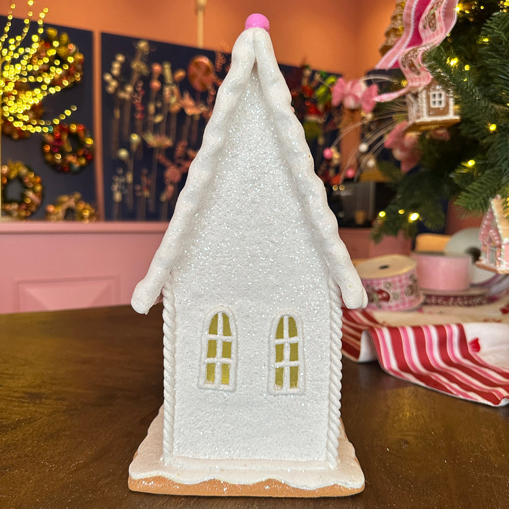 Viv! Christmas Kerstbeeld - Smal Gingerbread Huis van Klei met Roze Snoepdecoratie incl. LED Verlichting - roze wit - 30cm
