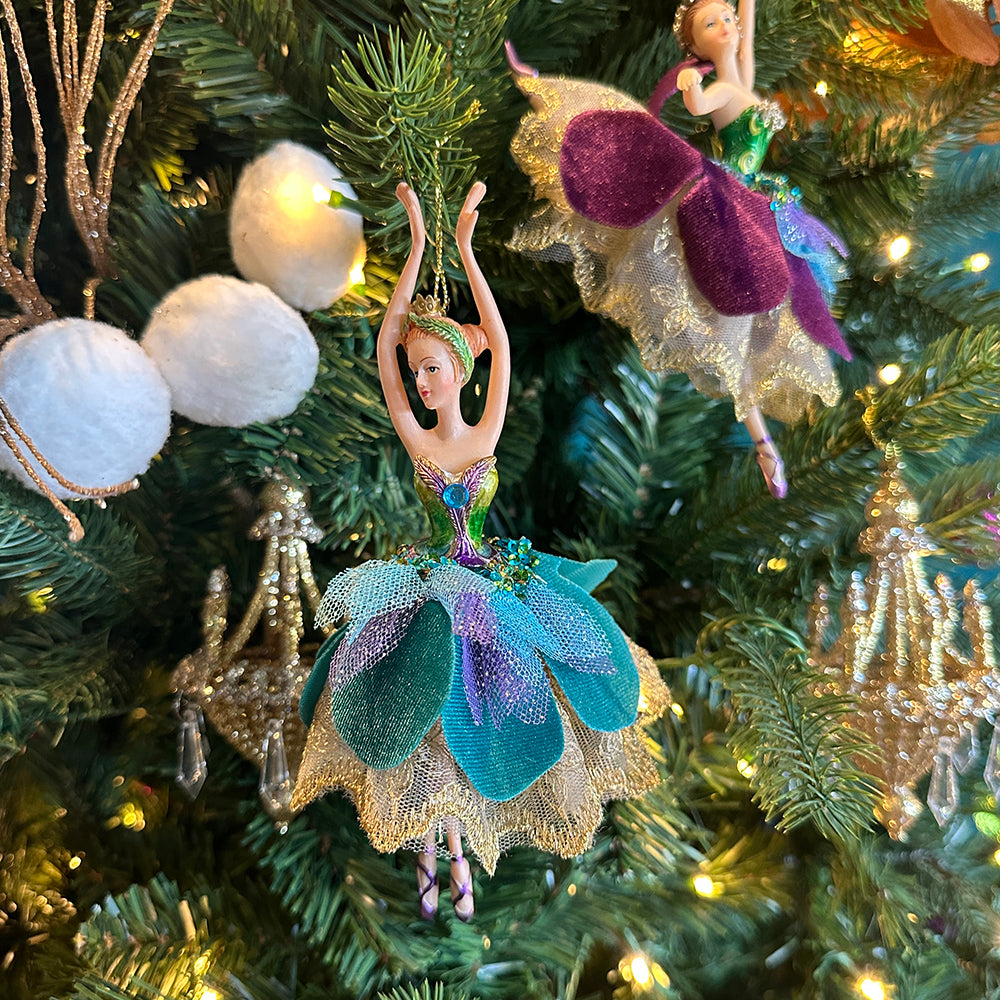 Viv! Christmas Ornament - Ballerinas Peacock Skirt - set of 2 - peacock blue green purple - 18cm