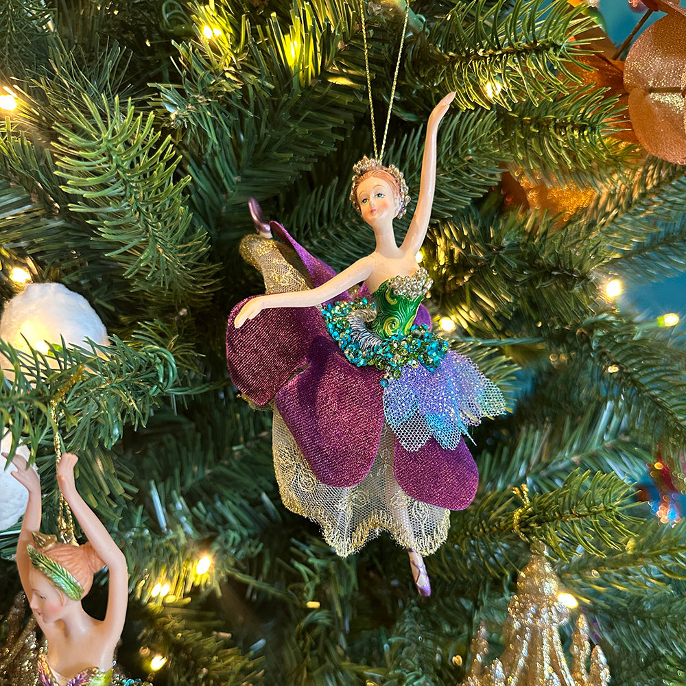 Viv! Christmas Kerstornament - Ballerina's Pauwenrok - set van 2 - pauw blauw groen paars - 18cm