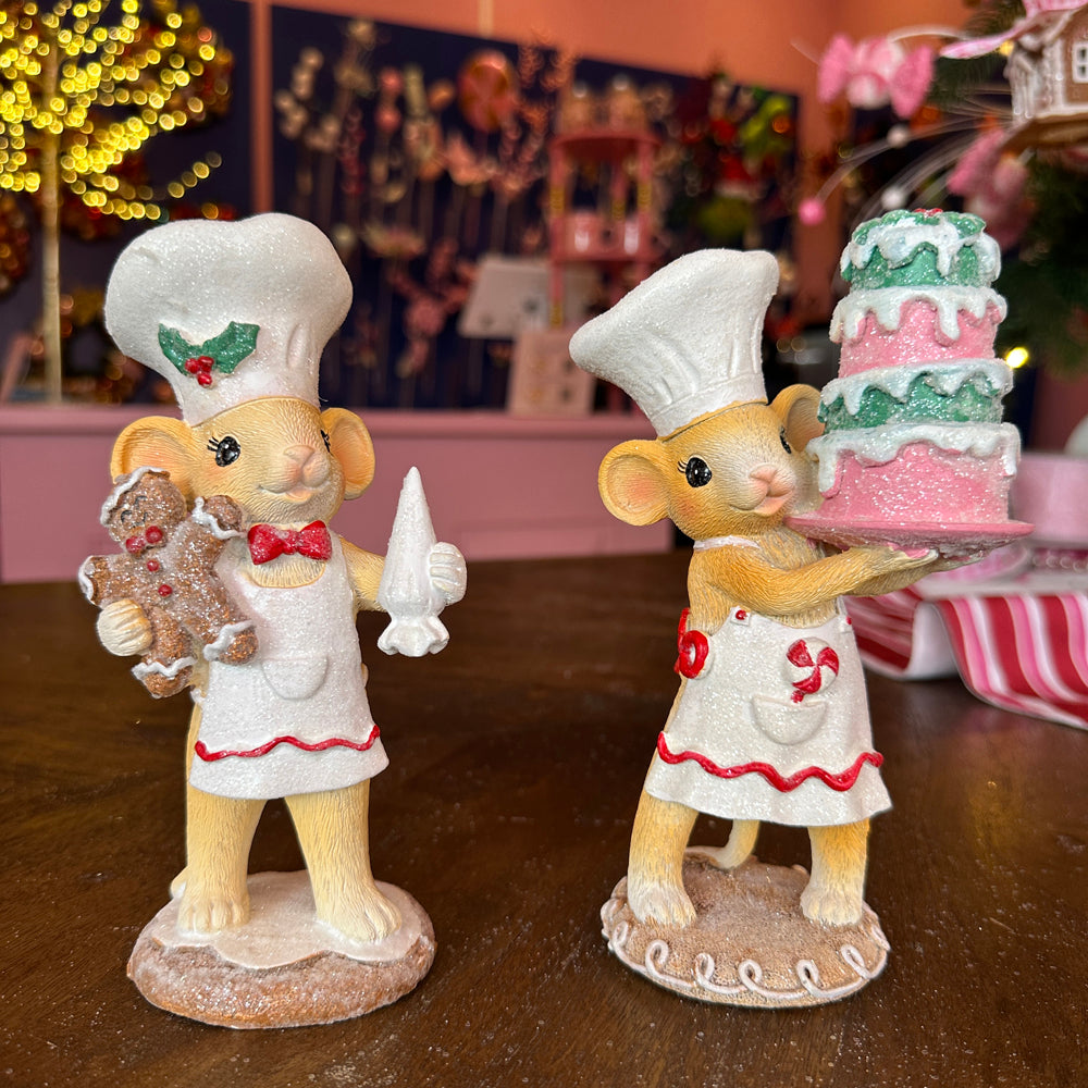 Viv! Christmas Kerstbeeld - Bakkersmuisjes met Taart & Gingerbread Koekje - set van 2 - bruin wit - 18cm