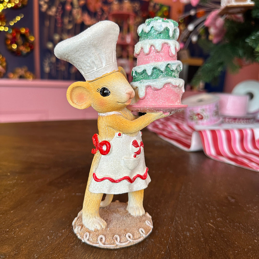 Viv! Christmas Kerstbeeld - Bakkersmuisjes met Taart & Gingerbread Koekje - set van 2 - bruin wit - 18cm