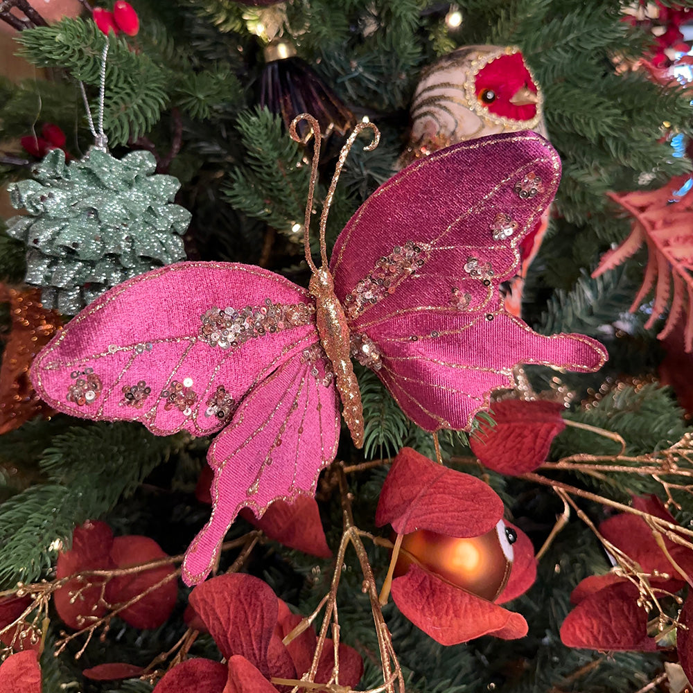 Viv! Christmas Kerstboomversiering - Vlinder op Clip - 2 stuks - paars - 20cm
