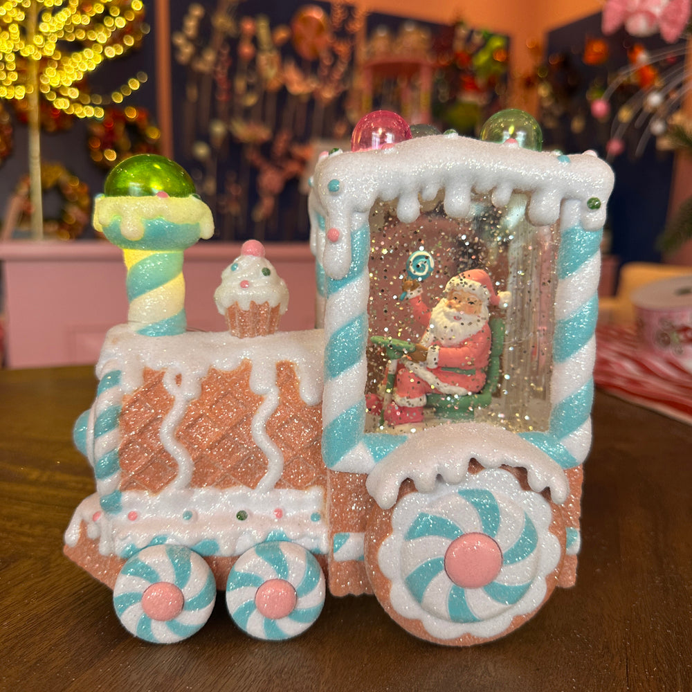 Viv! Christmas Kerst Sneeuwbol incl. LED - Gingerbread Trein met Kerstman  - automatisch - pastel blauw - 18cm