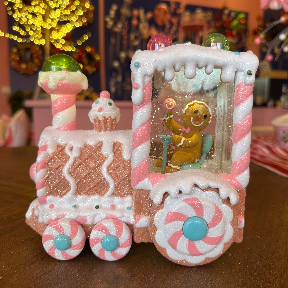 Viv! Christmas Snow Globe incl. LED - Gingerbread Train with Gingerbread Man - automatic - pastel pink - 18cm