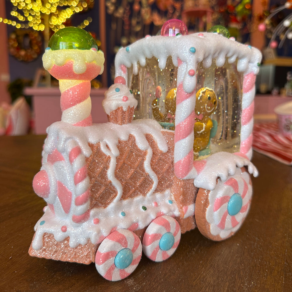 Viv! Christmas Snow Globe incl. LED - Gingerbread Train with Gingerbread Man - automatic - pastel pink - 18cm