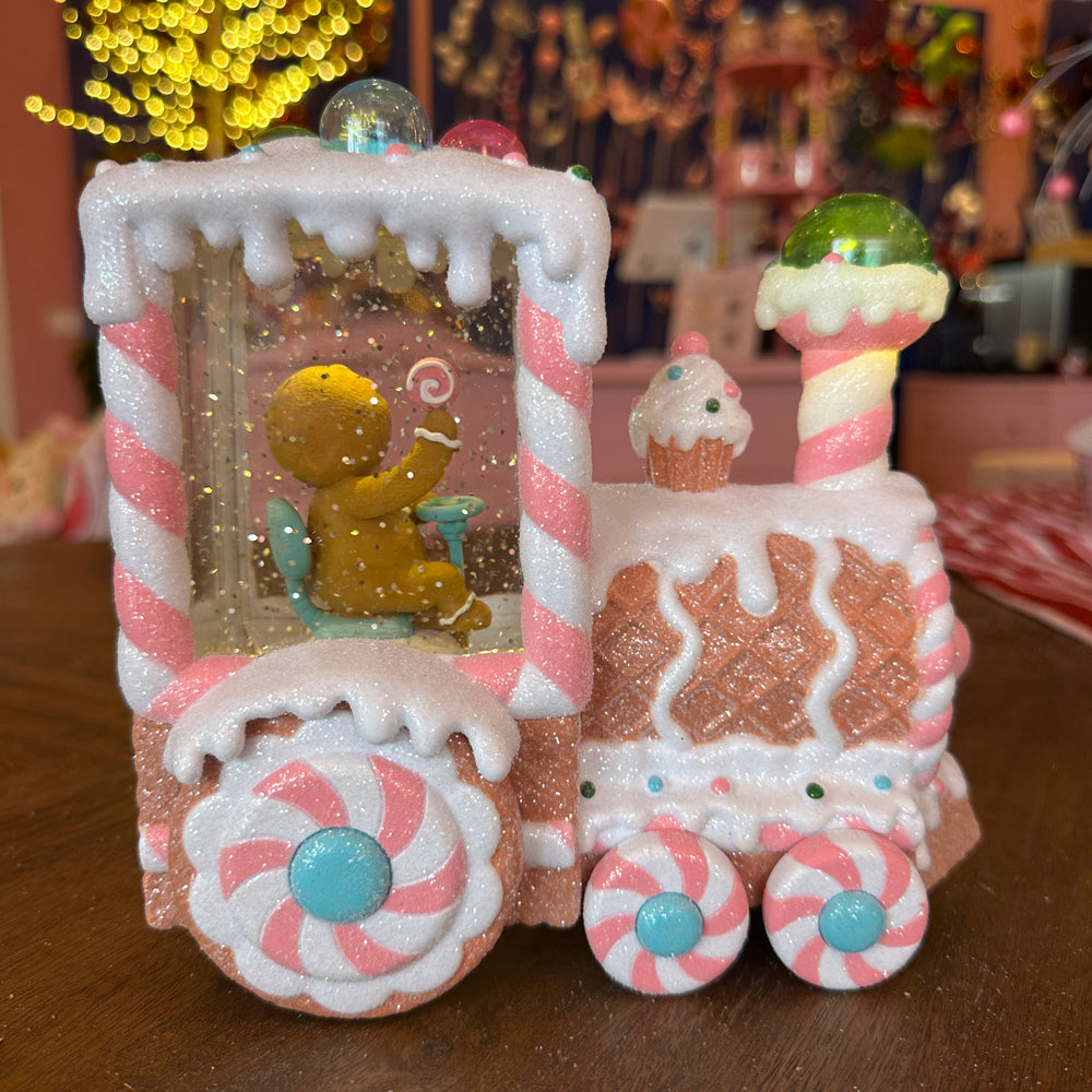 Viv! Christmas Snow Globe incl. LED - Gingerbread Train with Gingerbread Man - automatic - pastel pink - 18cm