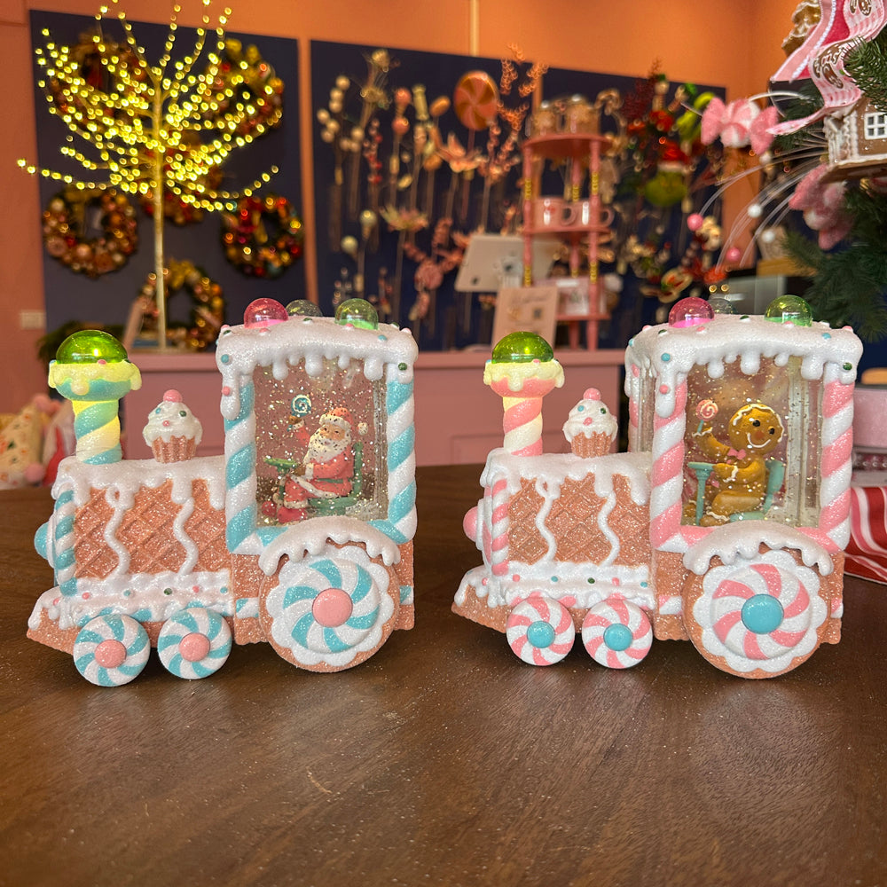 Viv! Christmas Kerst Sneeuwbol incl. LED - Gingerbread Trein met Kerstman  - automatisch - pastel blauw - 18cm