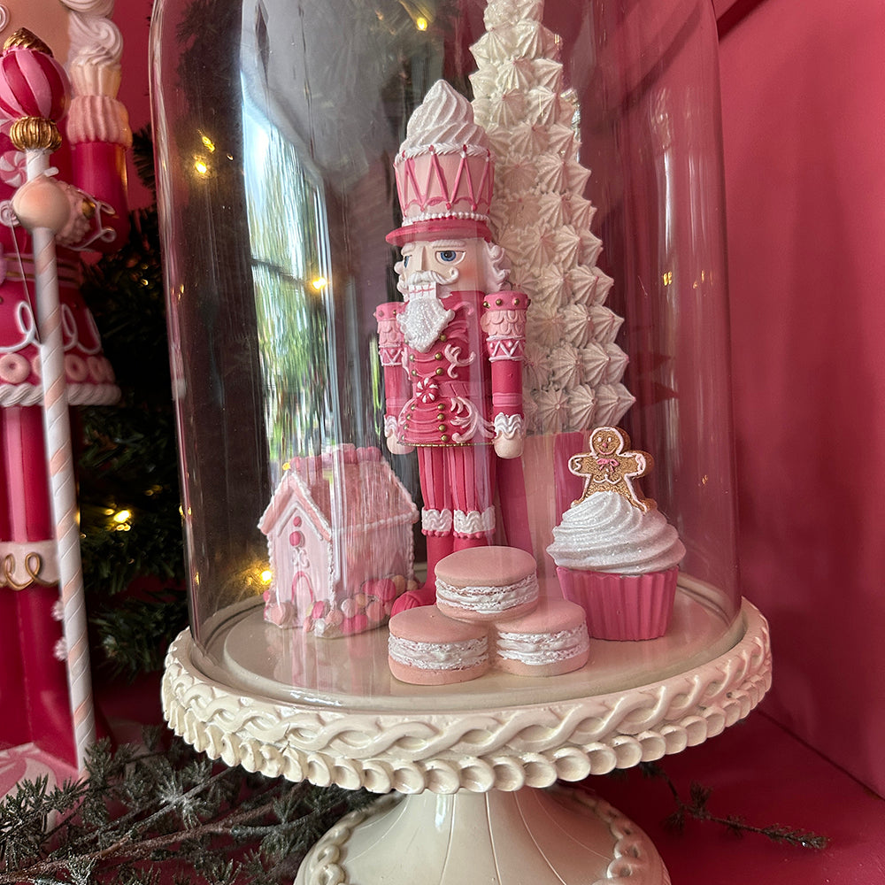 Viv! Christmas Tabletop Figure - Christmas Nutcracker in Glass Cloche - pink white - 41cm