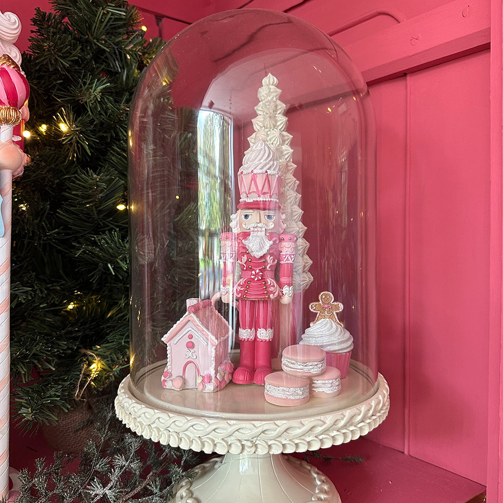 Viv! Christmas Tabletop Figure - Christmas Nutcracker in Glass Cloche - pink white - 41cm