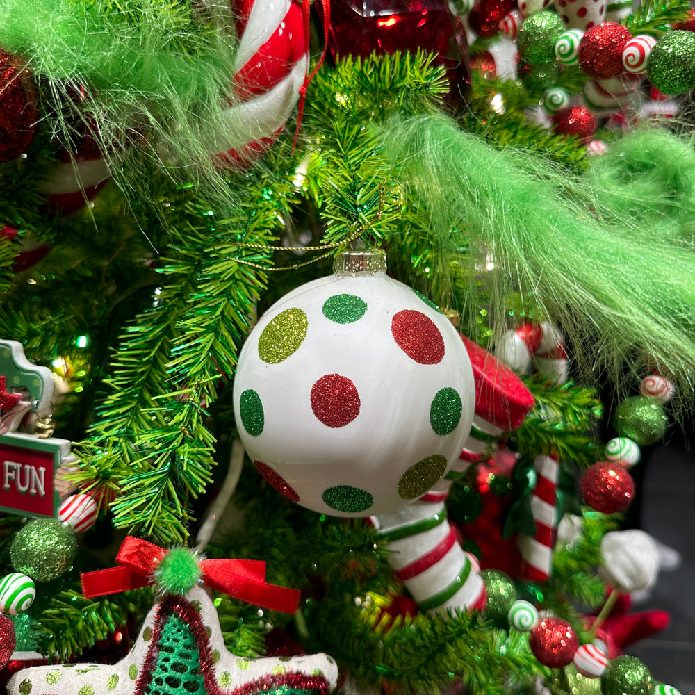 Viv! Christmas Kerstbal - Glitter Polkadots - set van 2 - glas - rood groen wit - Ø10cm