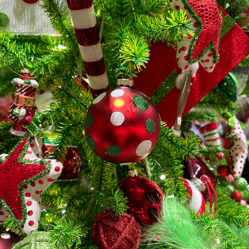 Viv! Christmas Kerstbal - Glitter Polkadots - set van 2 - glas - rood groen wit - Ø10cm