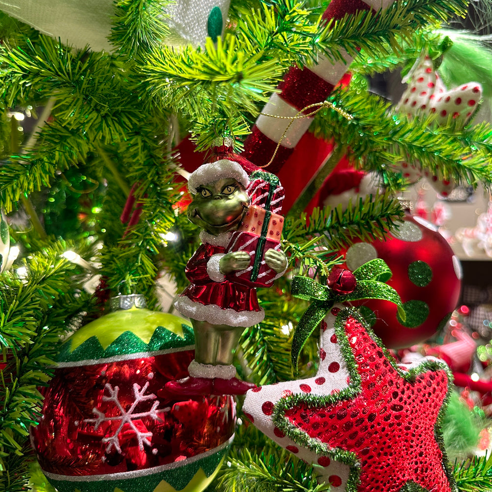 Viv! Christmas Kerstornament - Ondeugend Groen Monster met Kerstmuts en Cadeaus - glas - rood groen - 15cm