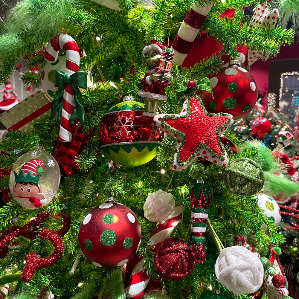 Viv! Christmas Kerstornament - Ondeugend Groen Monster met Kerstmuts en Cadeaus - glas - rood groen - 15cm