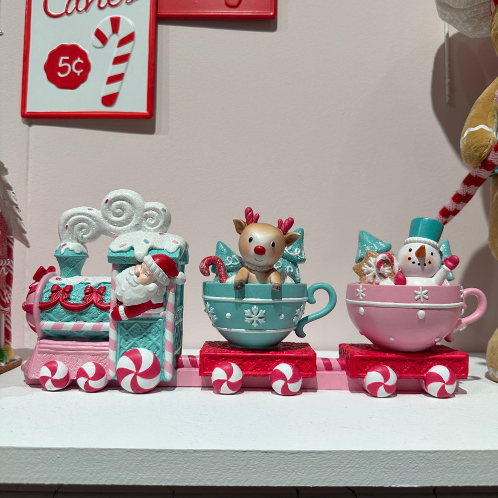 Viv! Christmas Kerstbeeld - Gingerbread Trein met Theekop Wagons - roze rood blauw - 38cm