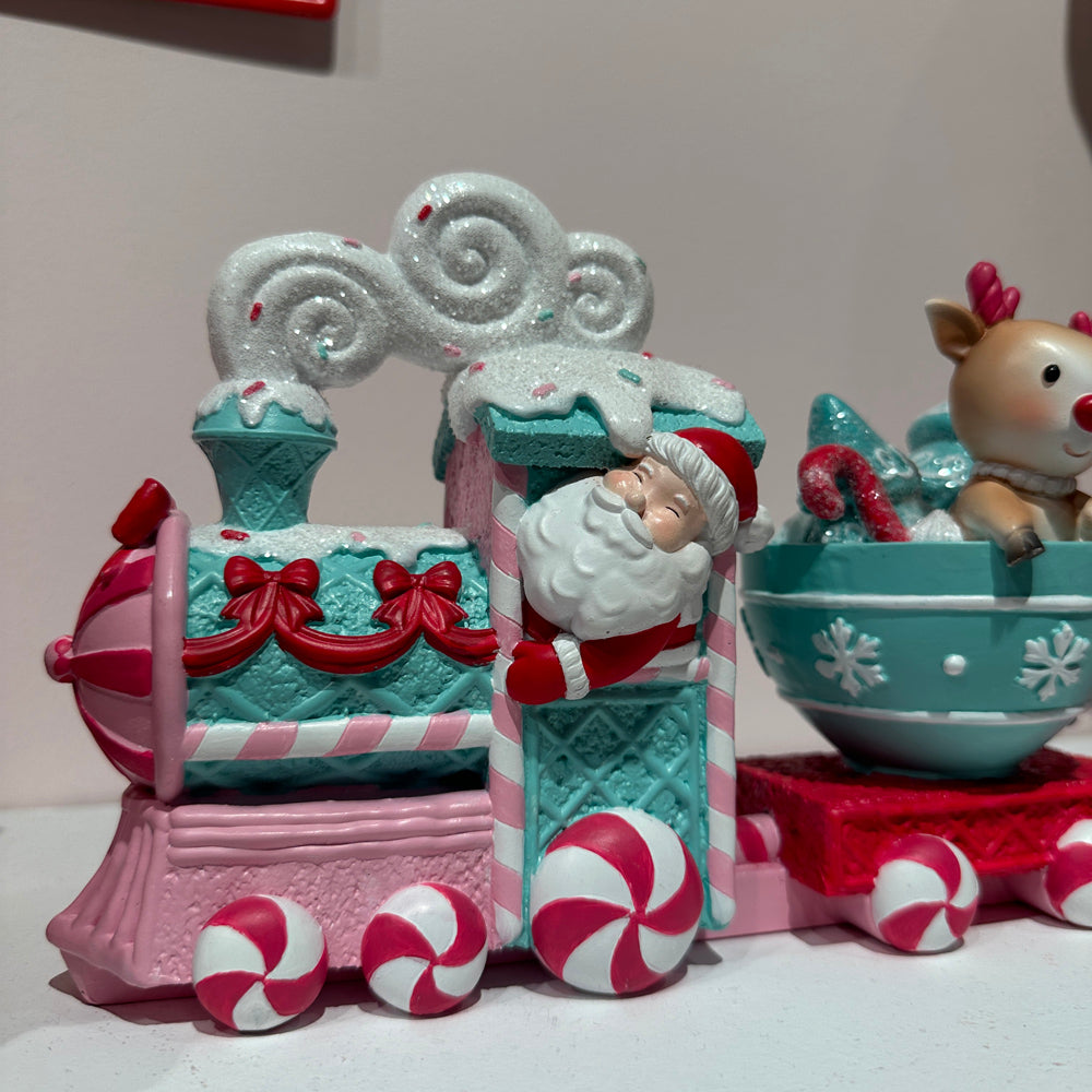 Viv! Christmas Kerstbeeld - Gingerbread Trein met Theekop Wagons - roze rood blauw - 38cm