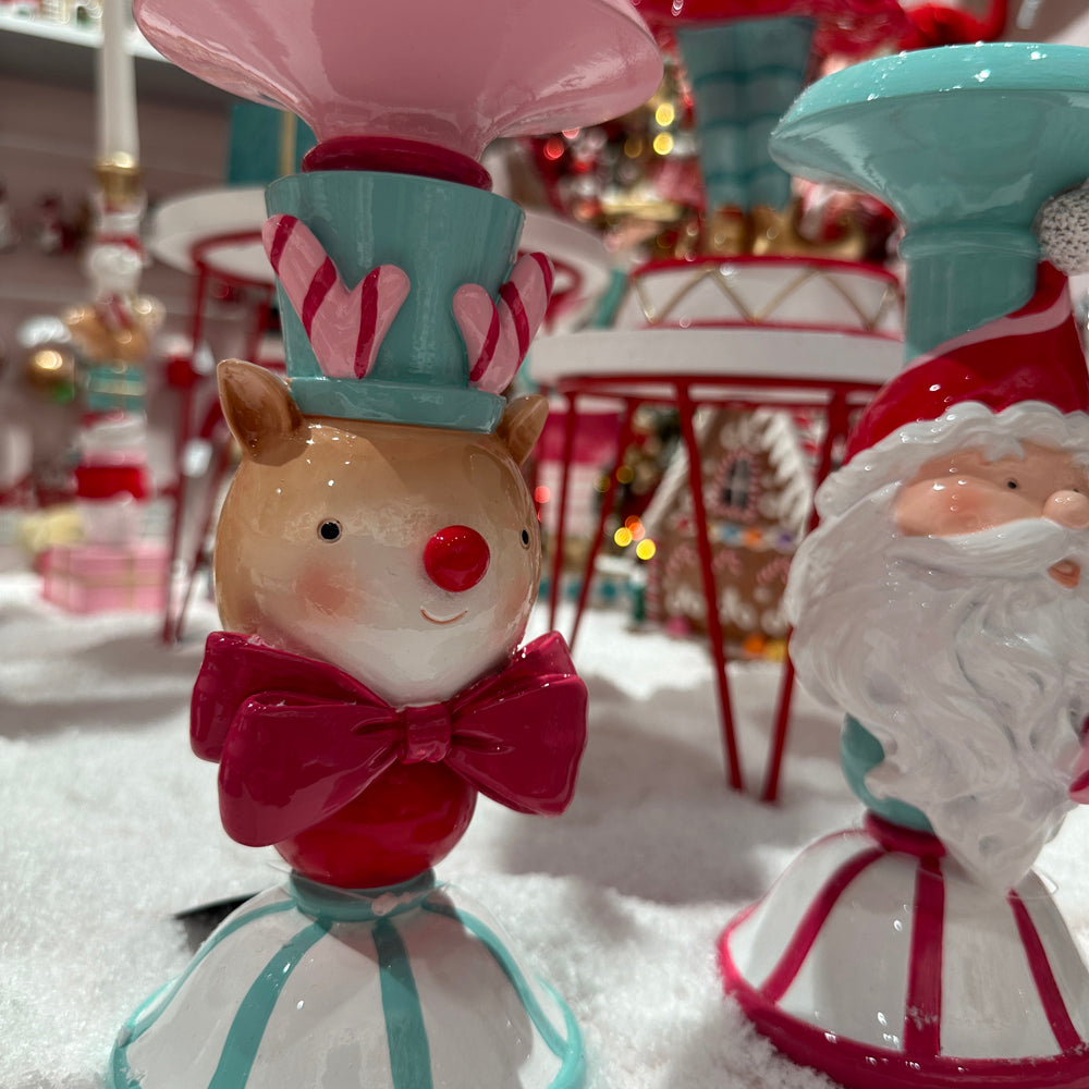 Viv! Christmas Tischdeko Weihnachten – Kerzenständer Weihnachtsmann und Rentier – 2er Set – Rosa Rot Blau – 22 cm