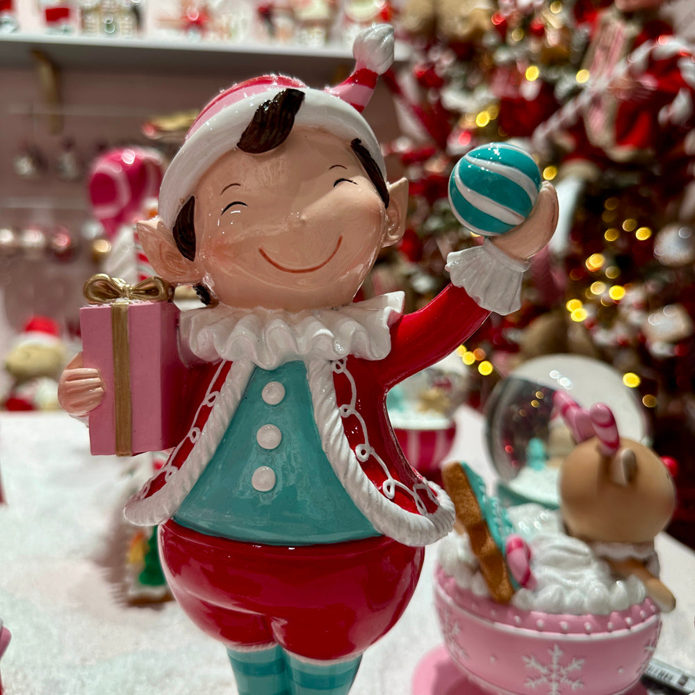 Viv! Christmas Kerstbeeld - Kerstelfjes met Cadeau en Zuurstok - set van 2 - roze rood - 29 & 28cm