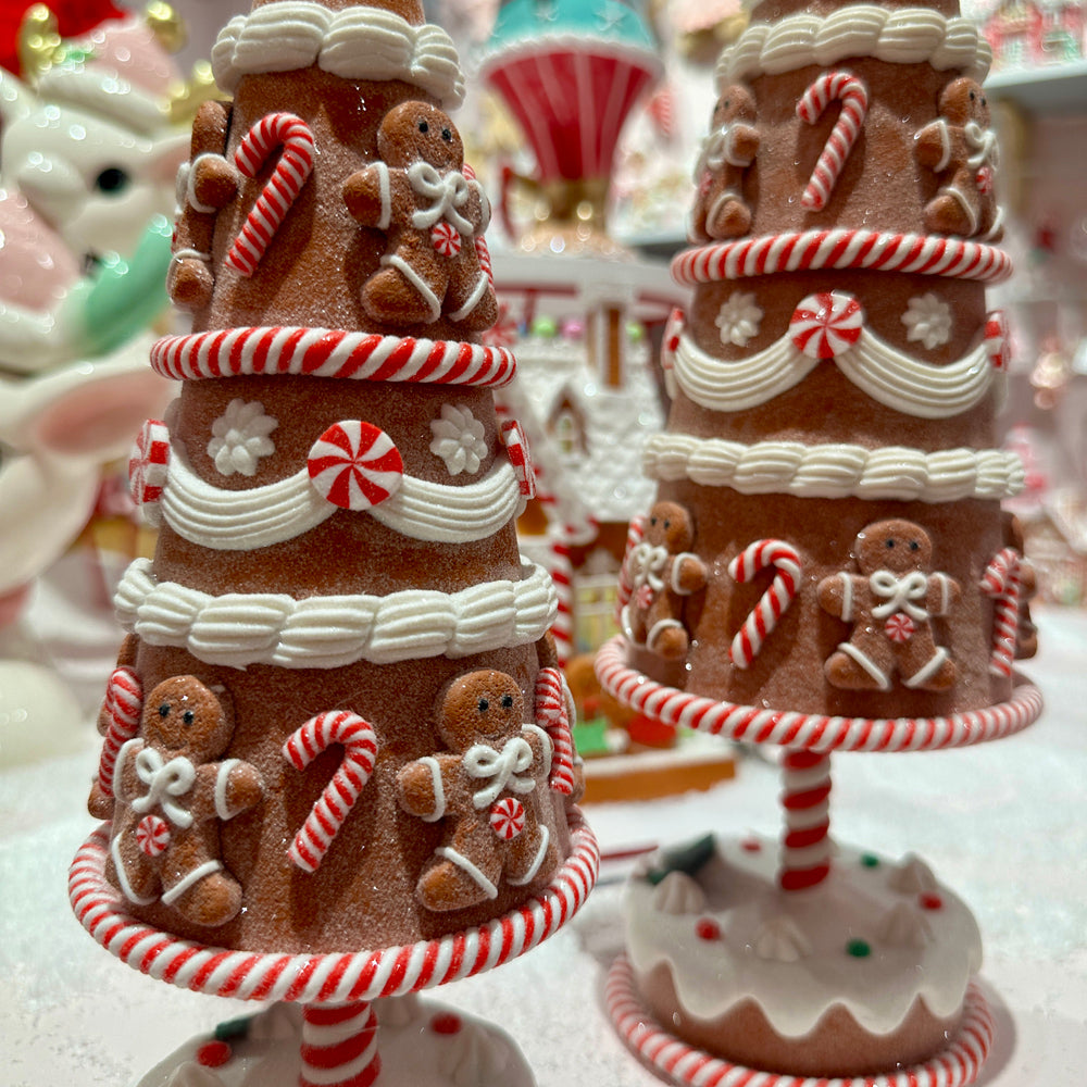 Viv! Christmas Kerstbeeld - Gingerbread Boom met Snoep - set van 2 - rood wit bruin - 38 en 31cm