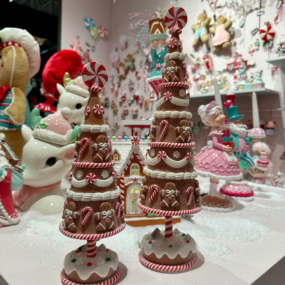 Viv! Christmas Kerstbeeld - Gingerbread Boom met Snoep - set van 2 - rood wit bruin - 38 en 31cm