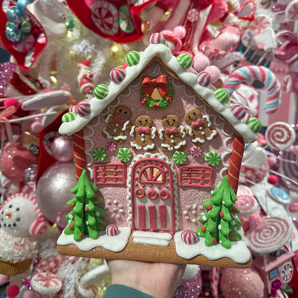 Viv! Weihnachtliche Weihnachtsstatue - Lebkuchenmann-Tonhaus inkl. LED-Beleuchtung - pastellrosa - 22cm