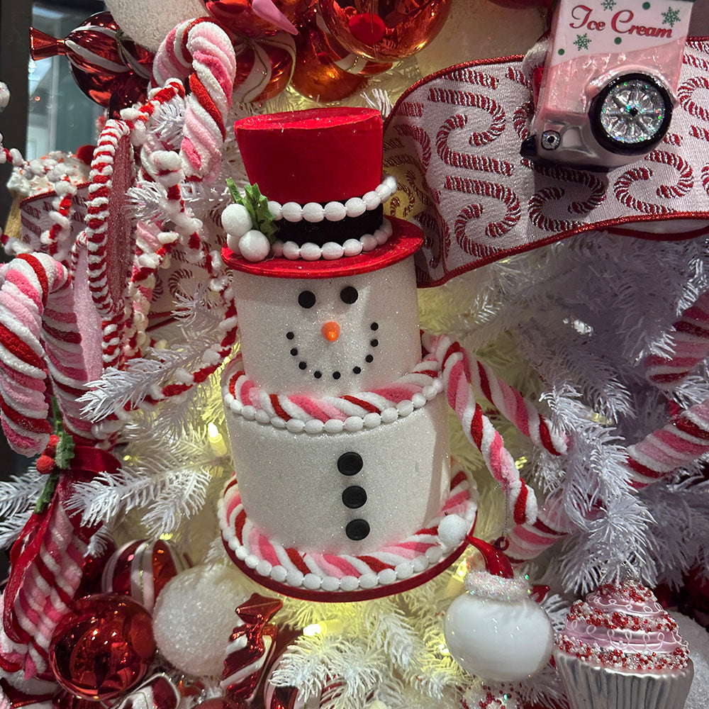 Viv! Christmas Kerstbeeld - Sneeuwpop Taart van Foam met Glitters - roze rood wit - 28cm