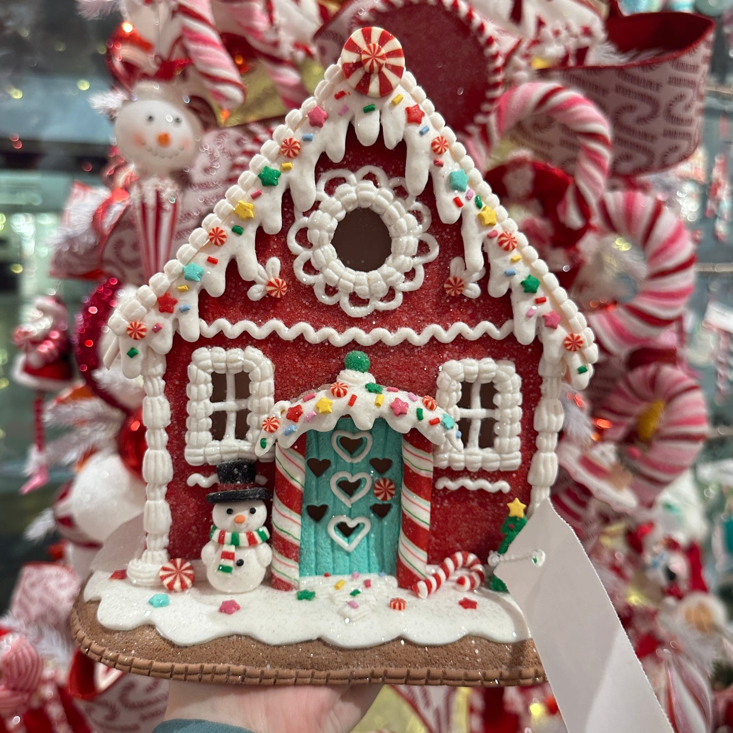 Viv! Christmas Kerstbeeld - Gingerbread Huis Sneeuwpop van Klei incl. LED Verlichting - rood wit - 22cm