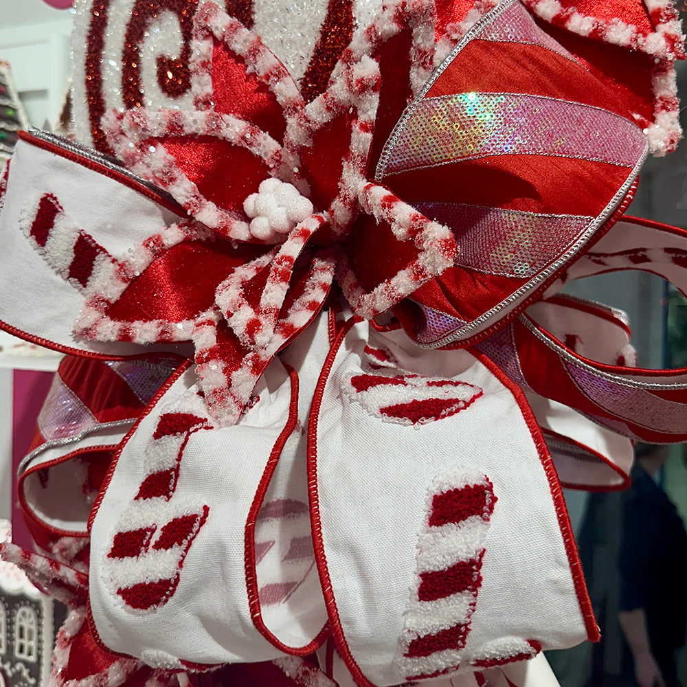 Viv! Christmas Wired Ribbon - Embroidered Candy Canes - Red White - 10cm x 4.6m