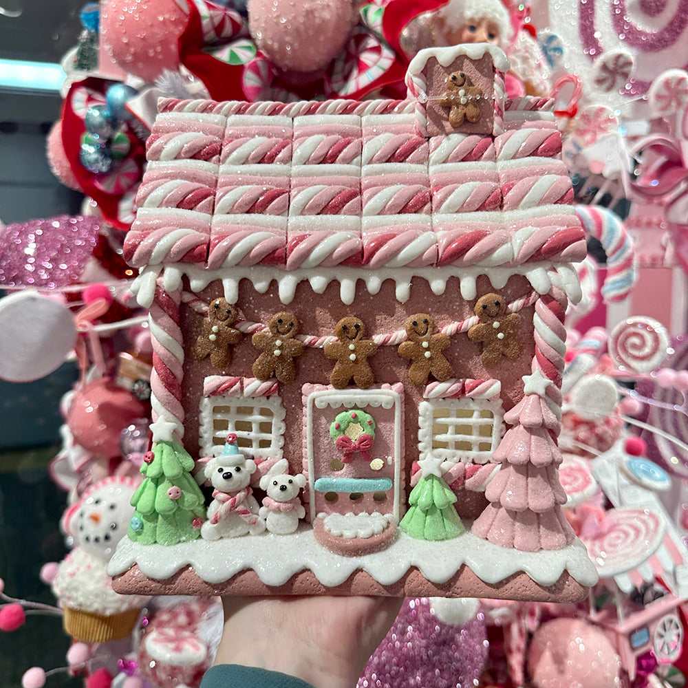 Viv! Weihnachtliche Weihnachtsstatue - Lebkuchen-Tonhaus mit Marshmallow-Bären inkl. LED-Beleuchtung - pastellrosa - 23cm