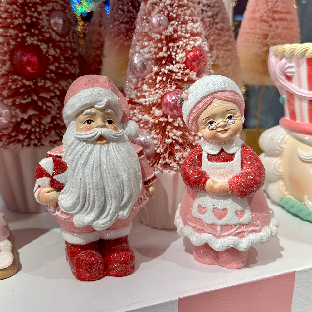 Viv! Christmas Kerstbeeld - Mr. and Mrs. Santa Claus met Snoepgoed - set van 2 - roze wit rood - 15cm